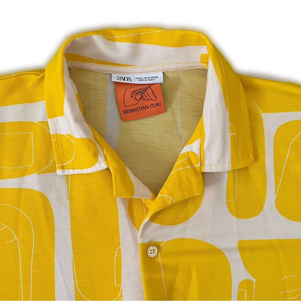 Zara Limited Run Sebastian Curi Yellow Graphic Button Down Casual Polo Shirt M - Picture 3 of 5